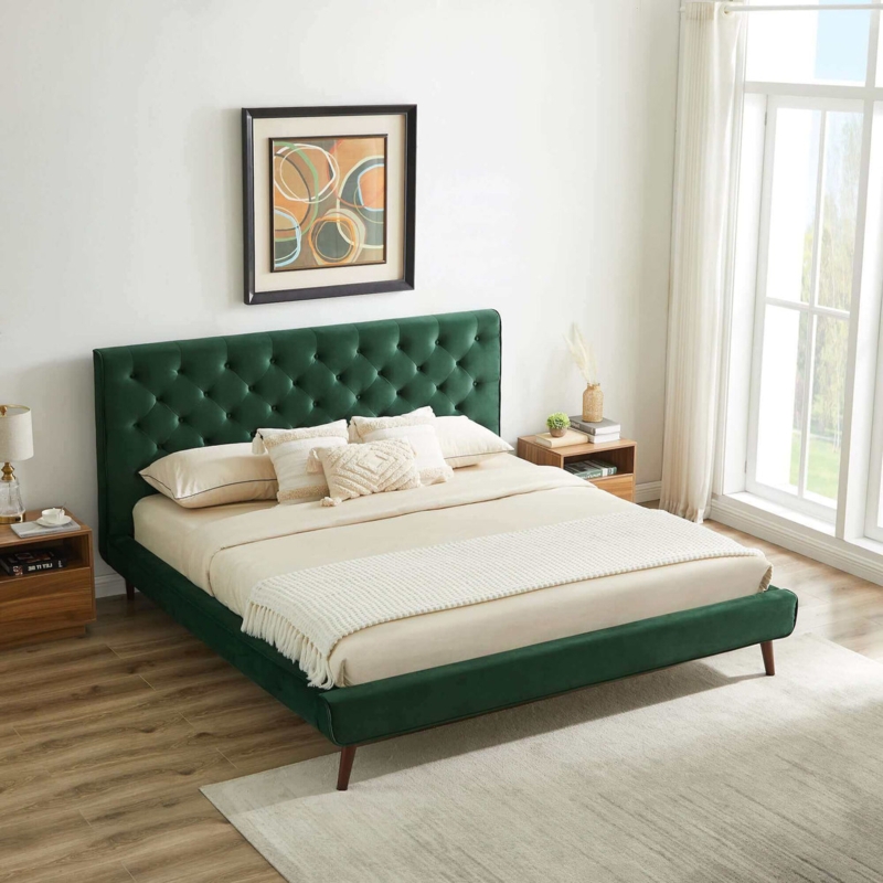 Emerald Diamond Tufted Platform Bed Button Headboard