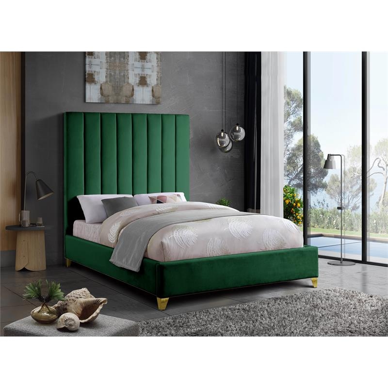 Emerald Green Velvet Bed Horizontal Channel Tufted Gold Legs