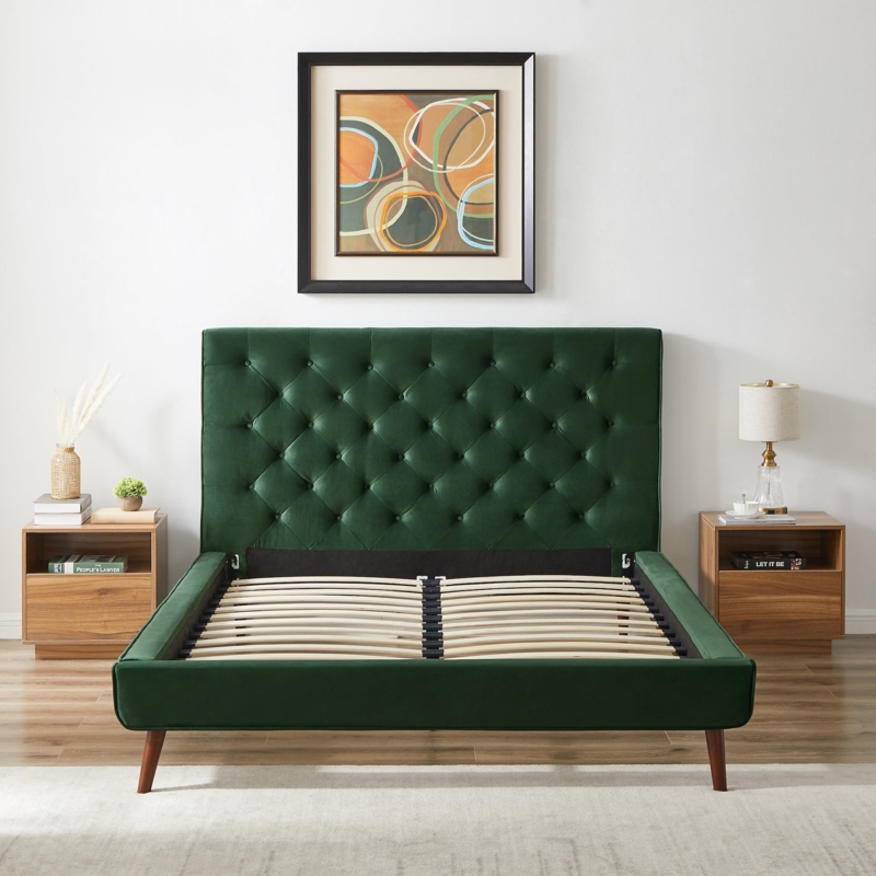 Emerald Wingback Platform Bed Channel Tufted Gold Legs