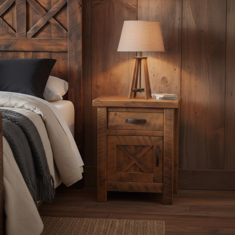 Enclosed Nightstand with Heavy Log-Style Frame and Rough Texture.