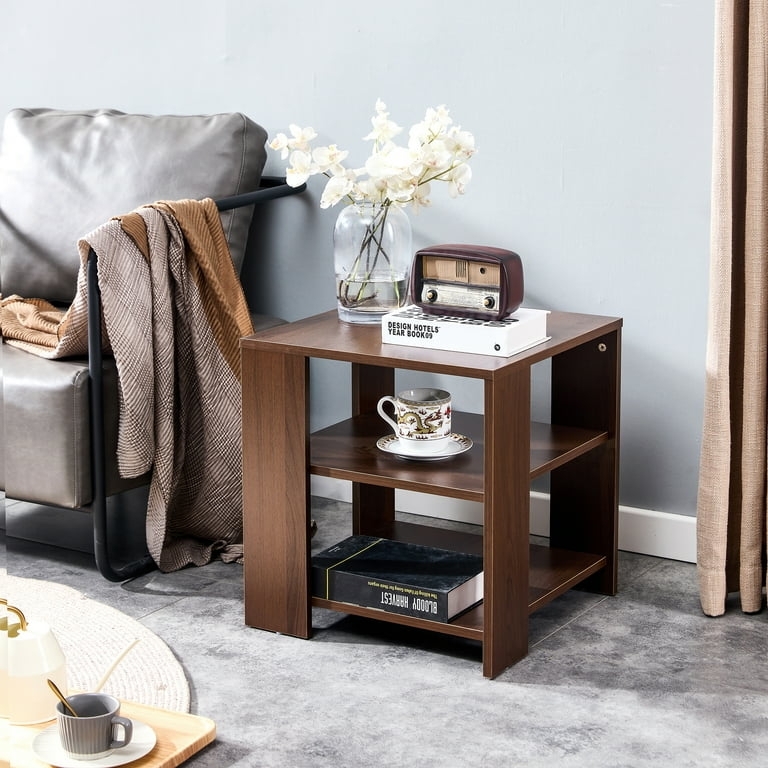 End Side Table Warm Brown Wood Three-Tier Open Shelves Compact