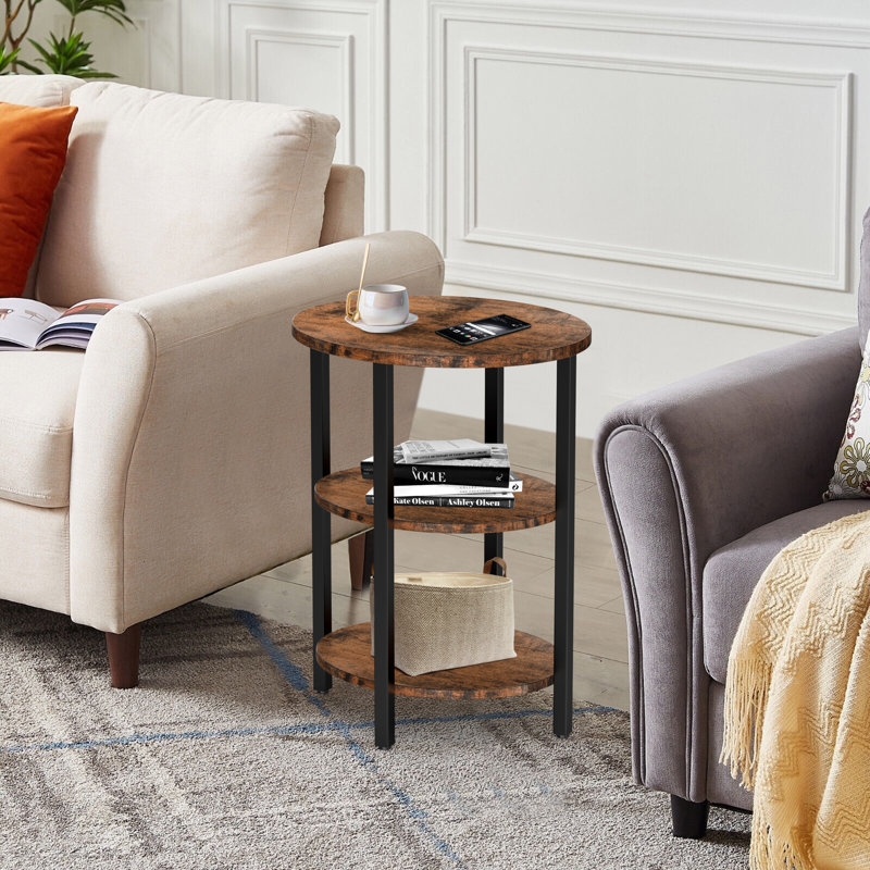 End Table 3-Tier Storage, Modern Industrial Black Metal and Wood Shelves.