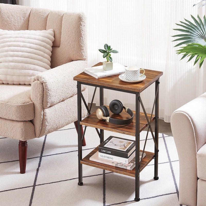 End Table 3-Tier X-Frame Design Walnut Wood Tone Black Metal Compact