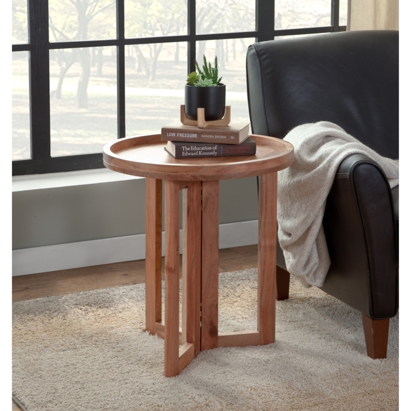 End Table Acacia Wood Round Tripod Base, Natural Wood Tray Top Table