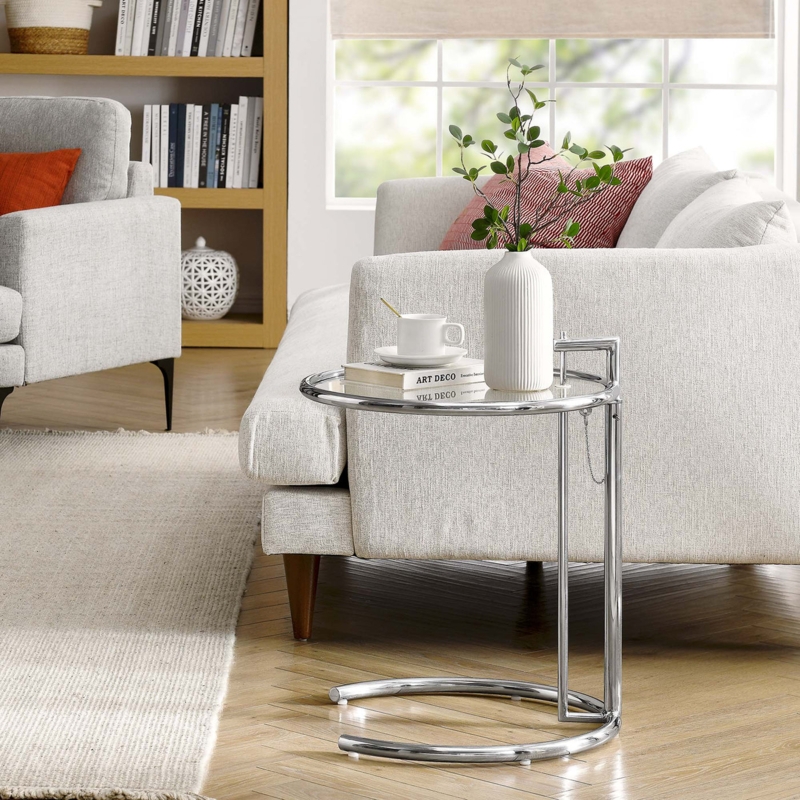 End Table Adjustable Height C-Shaped Chrome Frame with Glass Top