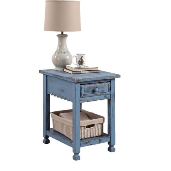 End Table Antique Blue Finish Single Drawer Storage Lower Shelf
