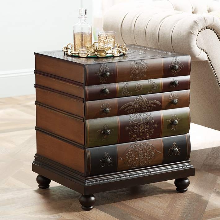End Table, Antique Book Stack Leather-Like Library Themed Storage