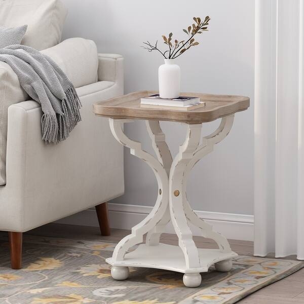 End Table Antique White Turned Legs Heavily Distressed Round