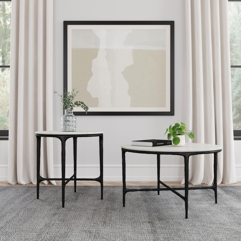End Table Architectural Base Round Top Dark Metal Contemporary Accent