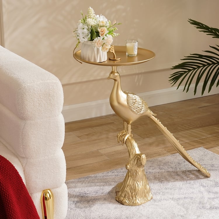 End Table Art Deco Gold Peacock Sculptural Base Blue Tray Top