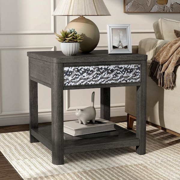 End Table Ash Gray Wood with Single Drawer and Shelf