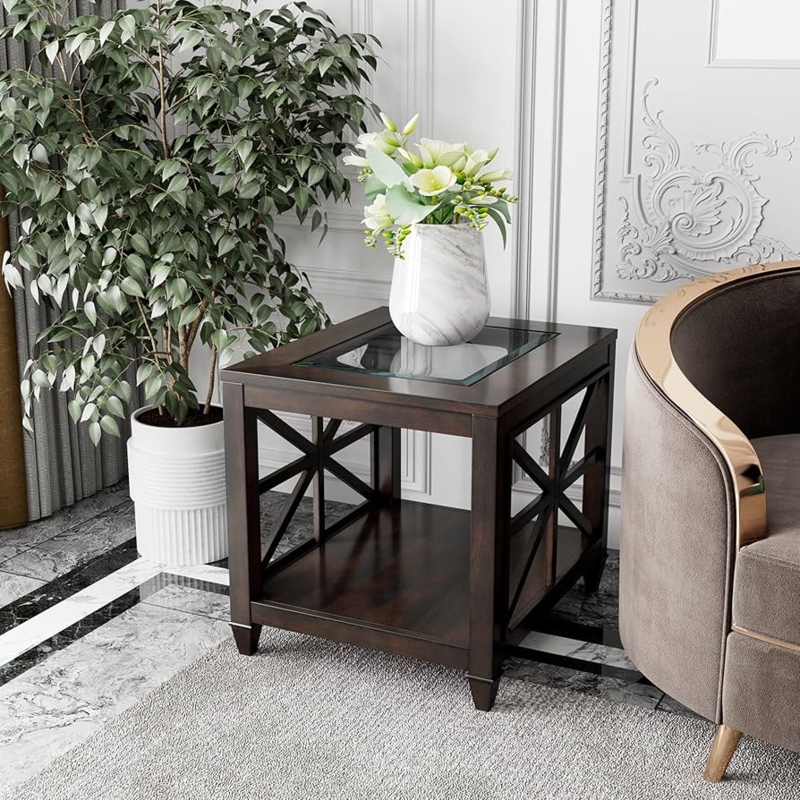End Table Asterisk-Shaped Legs Espresso Wood-Toned Glass Top