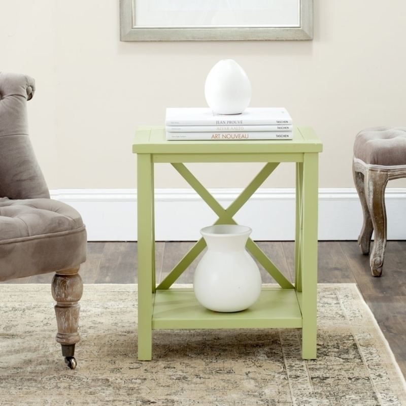 End Table Avocado Green Cross Back Sides Single Drawer Farmhouse