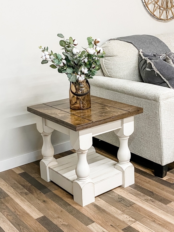 End Table Baluster Pedestal Distressed Brown Square Farmhouse