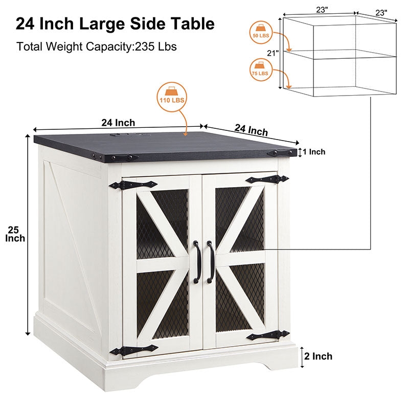 End Table Bicolor Farmhouse White and Brown with Mesh Door and Charging