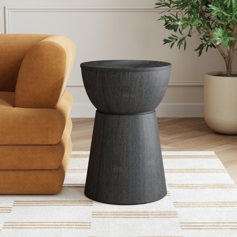 End Table Black Cinched Waist Sculptural Black Drum Side Table