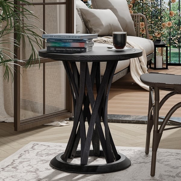 End Table Black Crisscross Pedestal Base Distressed Finish Round