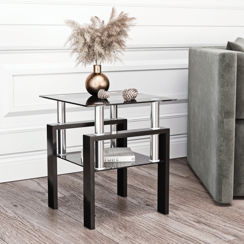 End Table Black Glass Square Two Tier Metal Frame Living Room Deco