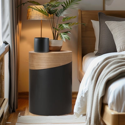 End Table Black Metal Slats Natural Wood Top Side Table