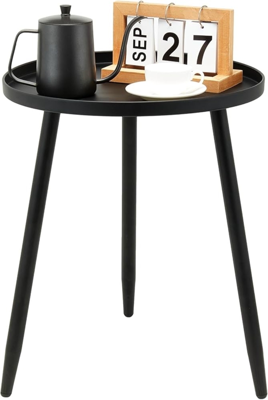 End Table Black Metal Tray Top Slim Tripod Legs Minimalist