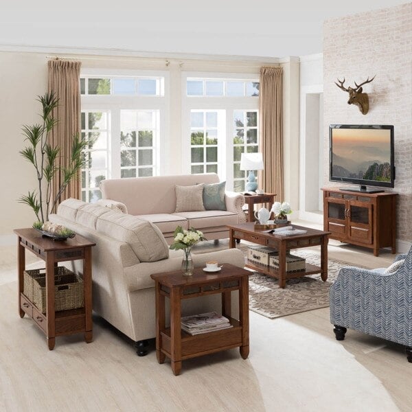 End Table Block Legs Mosaic Pattern, Rustic Oak Design.