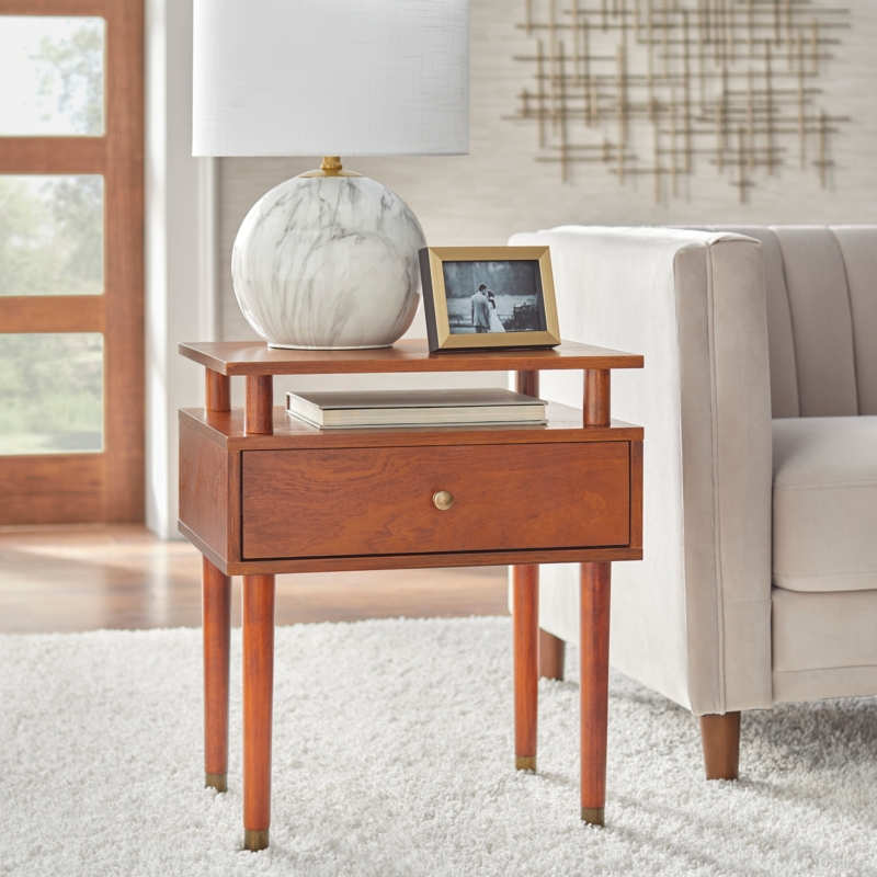 End Table Blue Drawer Front Mid-Century Spindle Legs Walnut