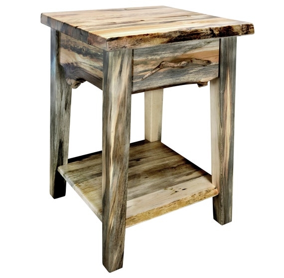 End Table Blue Pine Knotted Wood Drawer and Shelf