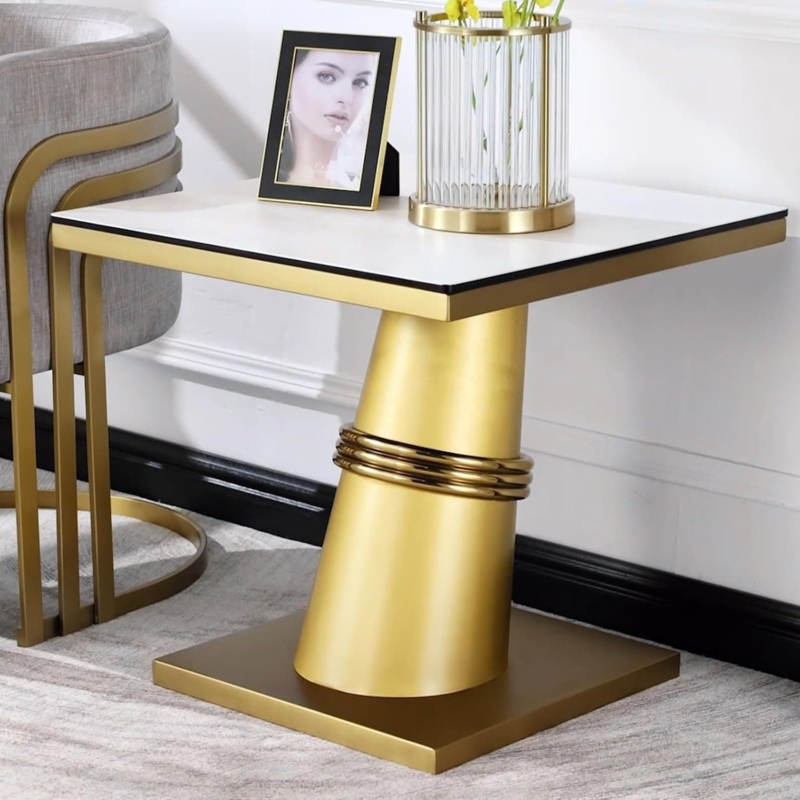 End Table Brushed Gold Geometric Open Frame with Square Glass Top