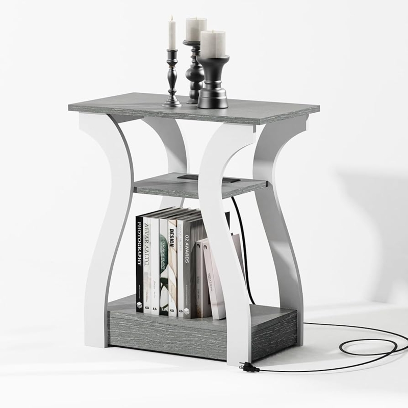 End Table Built-in Outlets Three-Tier Storage Industrial Modern