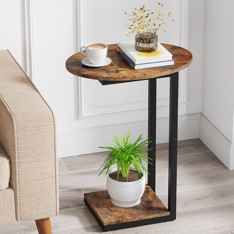 End Table C-Shape Rustic Brown Top Black Metal Frame Adjustable Feet
