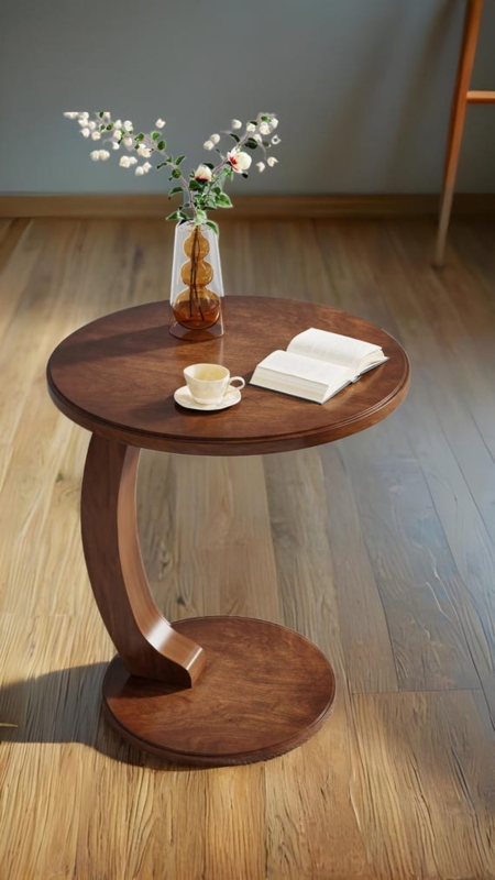 End Table C-Shaped Base Round Top Dark Wood, Modern Industrial