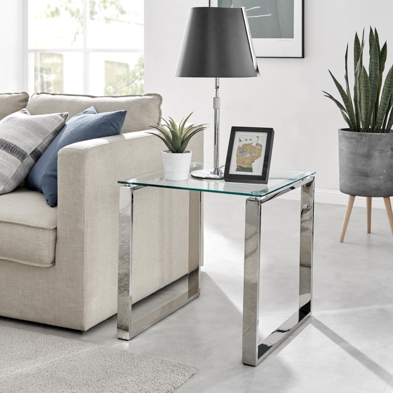 End Table C-Shaped Chrome Sled Base Glass Top Cantilever