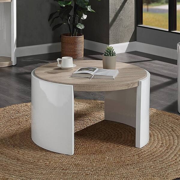 End Table C-Shaped, High Gloss Top, Oak Finish Post, Contemporary.