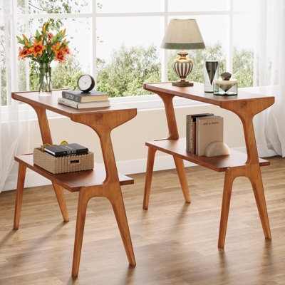 End Table C Shaped Industrial with Slim Profile Wood and Metal Frame