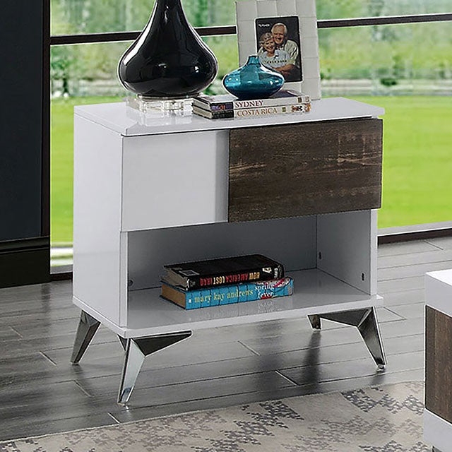 End Table C-Shaped Pedestal, High Gloss White, Distressed Dark Oak.