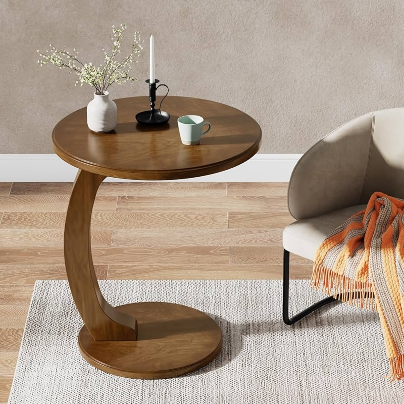 End Table C-Shaped Round Wood Top Metal Frame