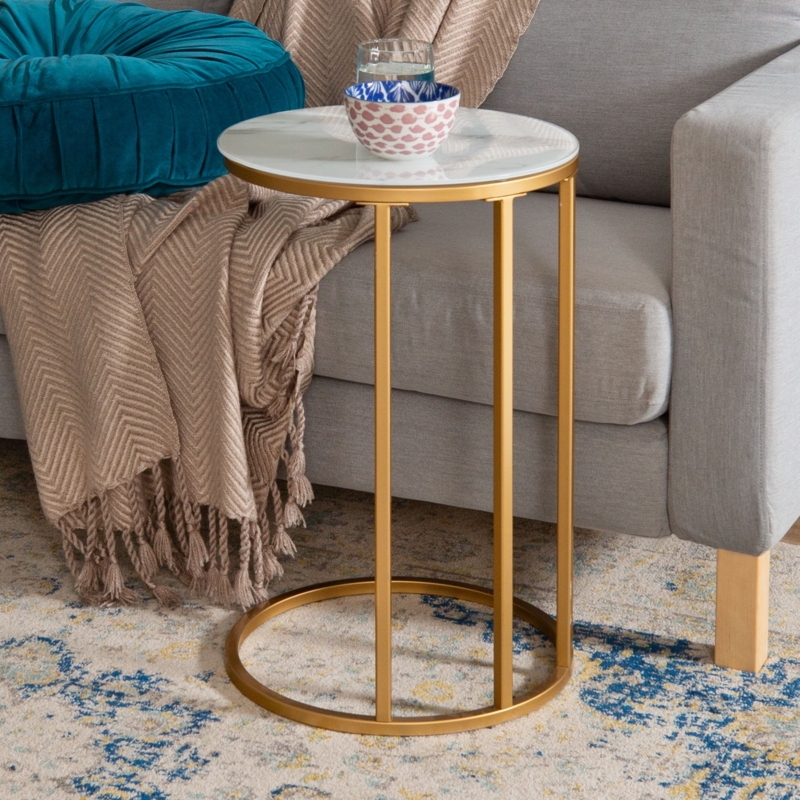 End Table C-Shaped Silhouette Faux Marble Top Gold Frame