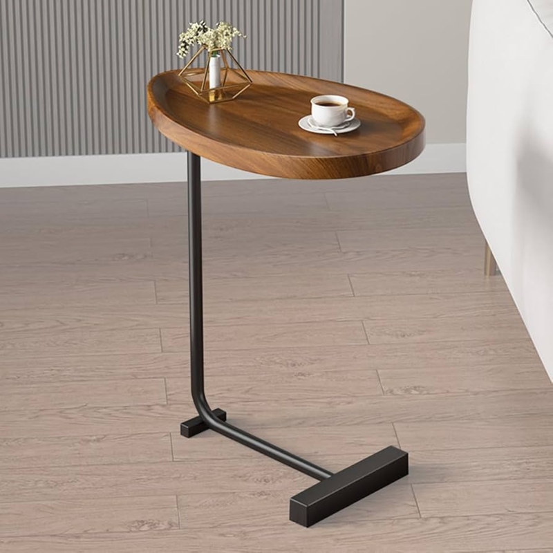 End Table C-Shaped Slide-Under Base Dark Wood Black Metal Industrial