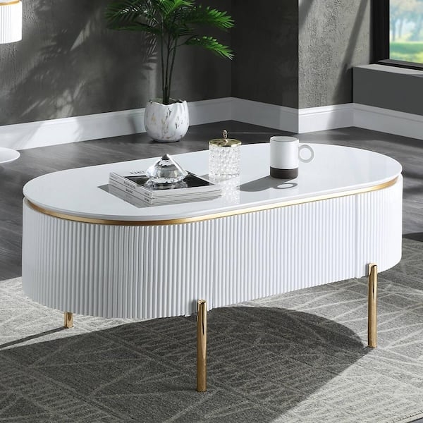 End Table C-Shaped White High Gloss, Gold Support Pillar, Glam Modern.