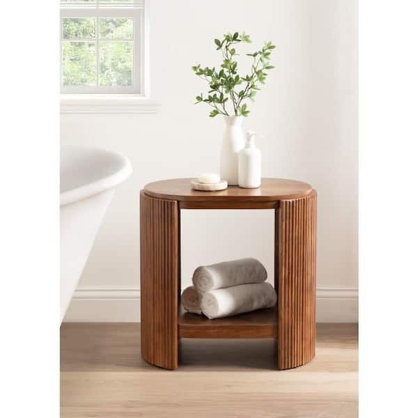 End Table Capsule Silhouette, Mid-Century Walnut Brown Two-Tier Wood.