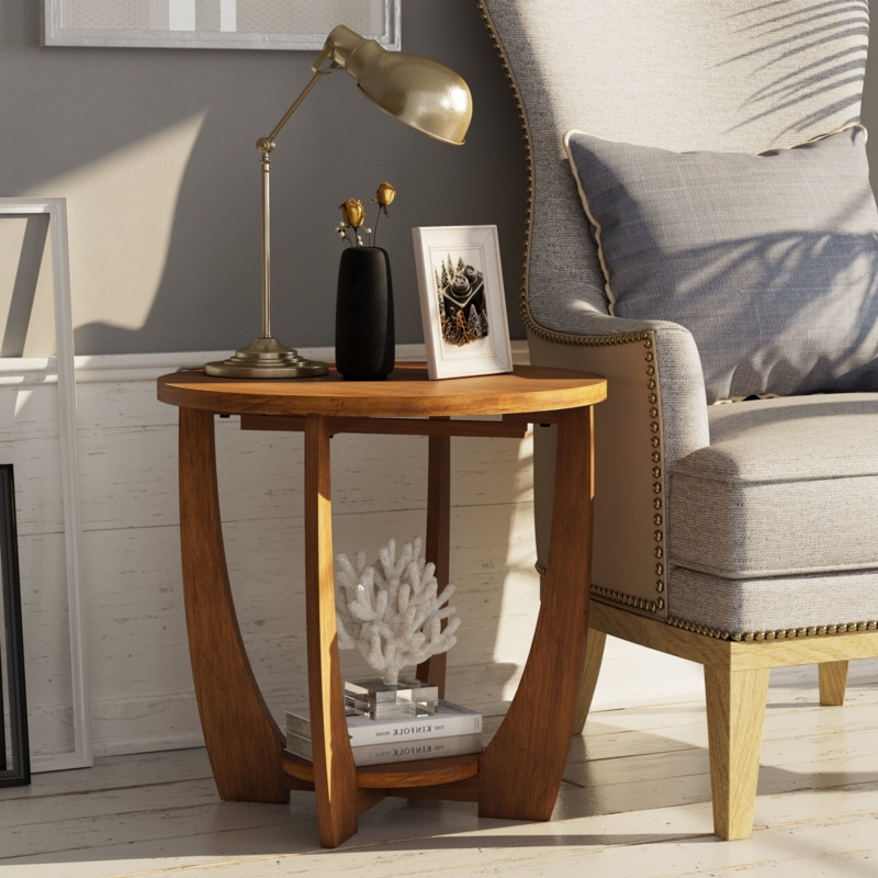 End Table Carved Pedestal Base Round Wood Storage Shelf Rustic