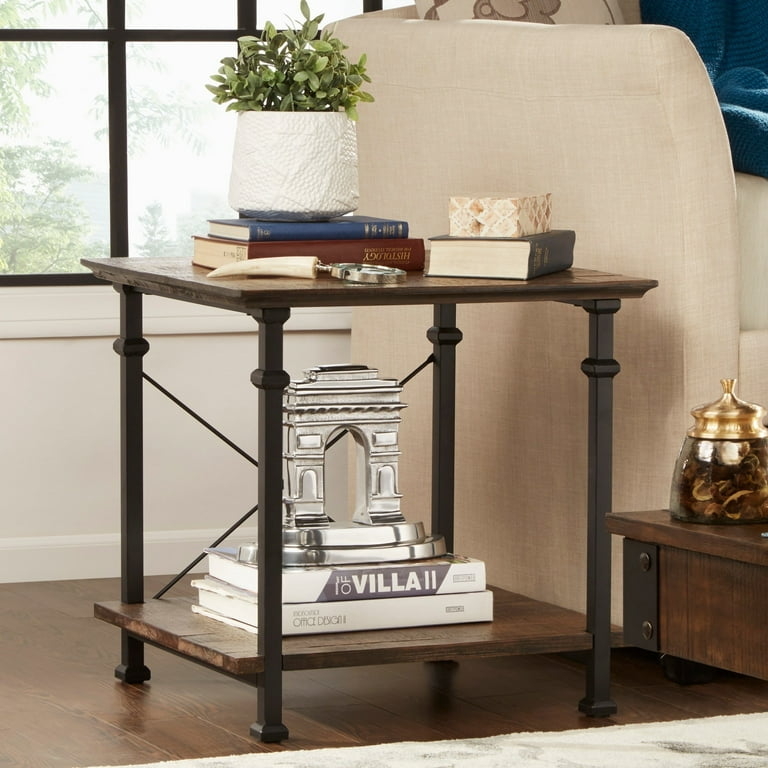 End Table Caster Wheels Round Two Tier X-Cross Brace Industrial Rustic