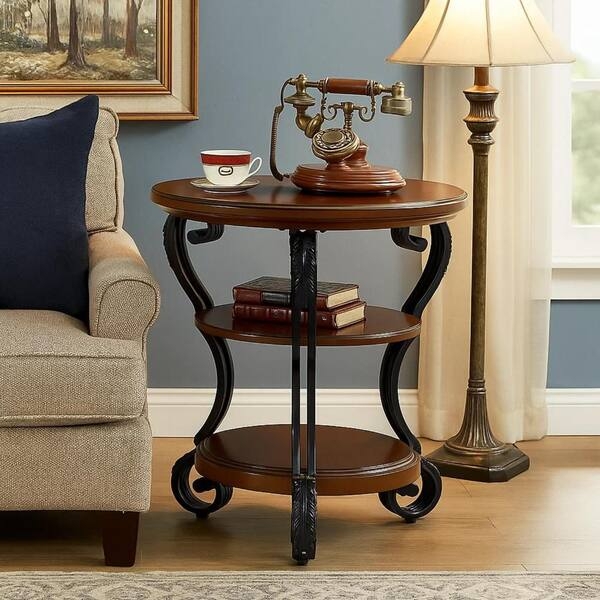 End Table Cherry Wood Tripod Base Round Accent Table with Storage