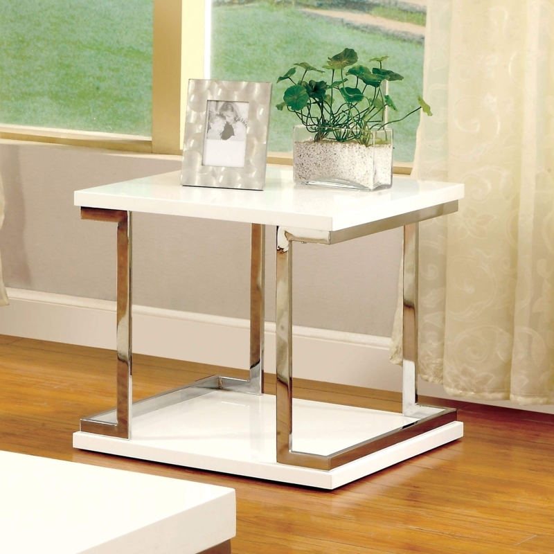 End Table Chrome Frame White Veneer Square Contemporary Side Table