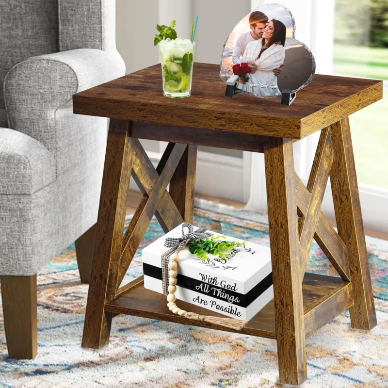 End Table Chunky Block Legs Rustic Wood Grain Two-Tier Storage