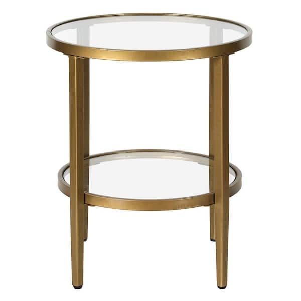 End Table Circular Base Tripod Antique Brass Round Glass Glam