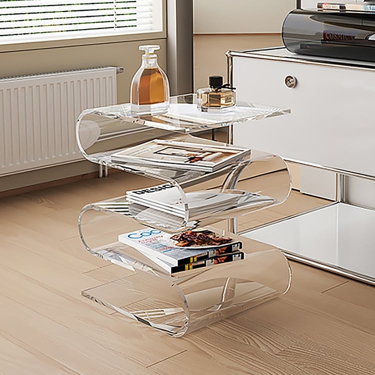 End Table, Clear Acrylic Wavy Shape with Storage