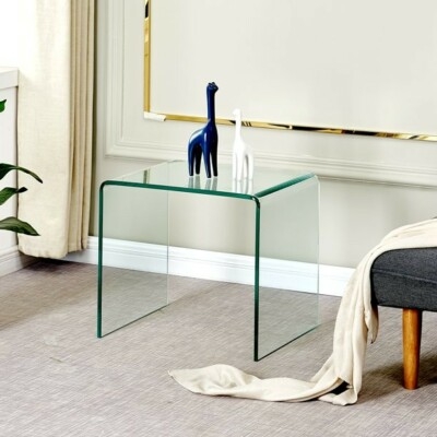 End Table, Clear Bent Glass C-Shaped Rounded Edges