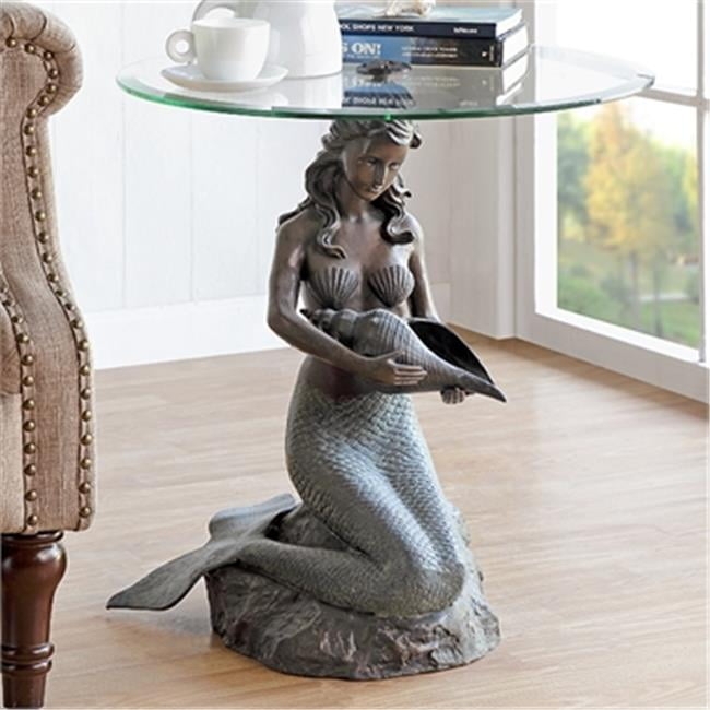End Table Coastal Verdigris Patina Mermaid Sculpture Glass Top