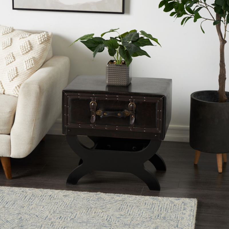 End Table Cognac Leather Like Metal Sled Base Single Drawer